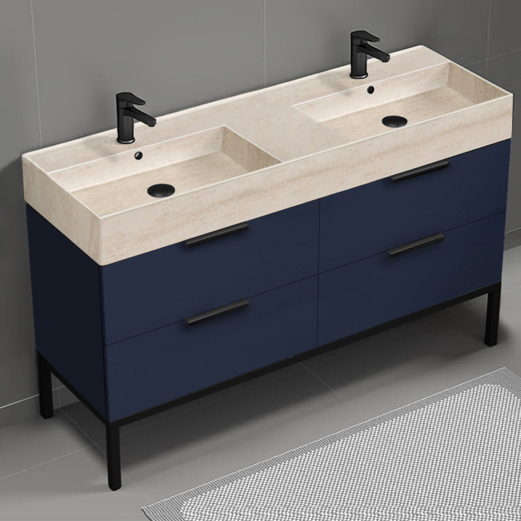 Nameeks DERIN464 Double Bathroom Vanity With Beige Travertine Design Sink, Floor Standing, 56 Inch, Night Blue
